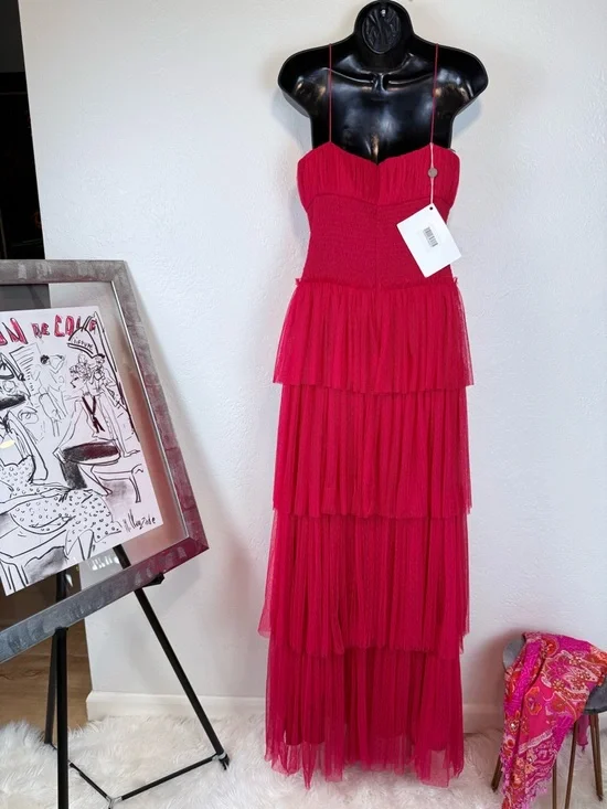 NWT ML Monique Lhuillier Tiered Tulle Maxi Dress Cherry Pink Size 8 - Picture 5 of 14